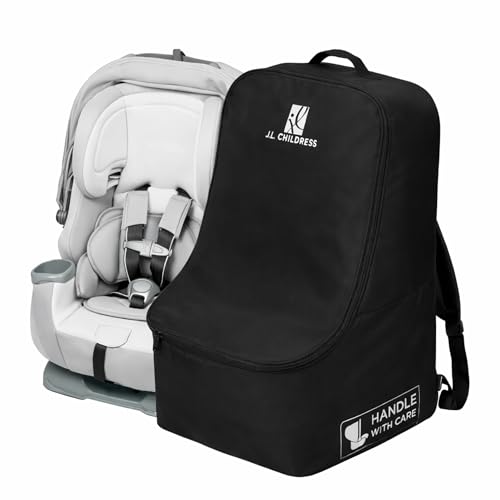 J.L. Childress Padded Backpack Car Seat Bag - Travel Bag for Airplane, Fits Most Baby & Infant Car Seats, Boosters, & Carriers, Accessories for Gate or Baggage Check, AirTag Compatible - Deluxe, Black