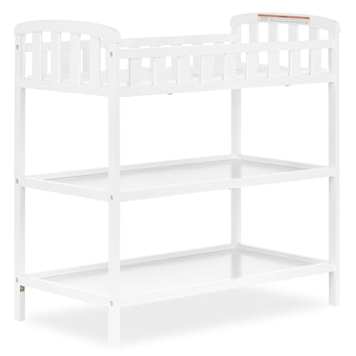 Dream On Me Emily Changing Table, Compact and Portable, Solid New Zealand Pinewood, Safety Rails, Two Storage Shelves, Includes Water-Resistant 1" Changing Pad  White