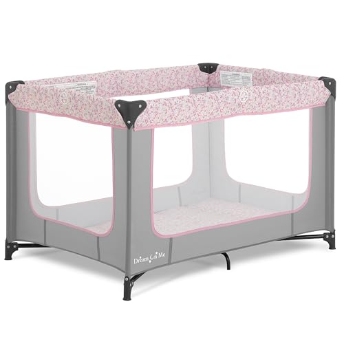 Dream On Me Zodiak Portable Playard in Grey and Pink, Lightweight, Packable and Easy Setup Baby Playard, Breathable Mesh Sides and Soft Fabric - Comes with a Removable Padded Mat