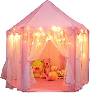 ORIAN Princess Castle Playhouse Tent for Girls with LED Star Lights  Indoor & Outdoor Large Kids Play Tent for Imaginative Games  ASTM Certified, Princess Tent, 230 Polyester Taffeta. Pink 55"x53".