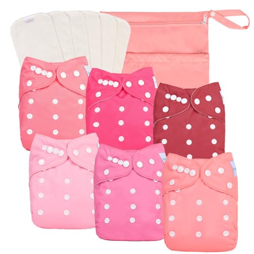 babygoal Baby Girl Cloth Diapers 6 Pack with 6pcs Inserts and Wet Bag, Reusable Waterproof Diaper Covers for Toddlers