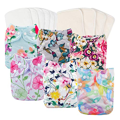 babygoal Reusable Cloth Diapers for Girls, Adjustable Washable Nappy 6pcs+ 6pcs Microfiber Inserts+One Wet Bag 6YDG08