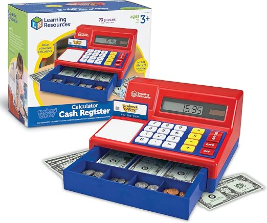 Learning Resources Pretend & Play Calculator Cash Register - 73 Pieces, Ages 3+ Develops Early Math Skills, Play Cash Register for Kids, Toy Cash Register, Play Money for Kids,Back to School