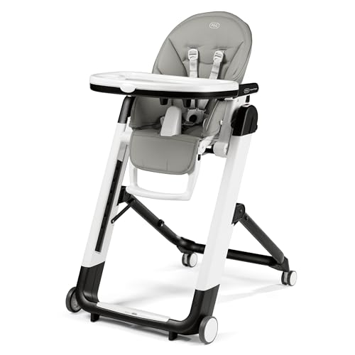 Peg Perego Siesta, Grow With Baby Folding High Chair & Recliner, Height Adjustable, Quick Clean & Easy Push Wheels For Babies & Toddlers, Made in Italy, Ice (Grey)