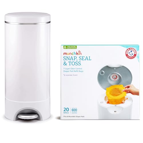 Munchkin STEPTM Diaper Pail Powered by Arm & Hammer, #1 in Odor Control, Award-Winning, Includes 21 Snap, Seal & TossTM Bags, 1 Starter Refill Ring, and 1 PUCKTM Baking Soda Cartridge