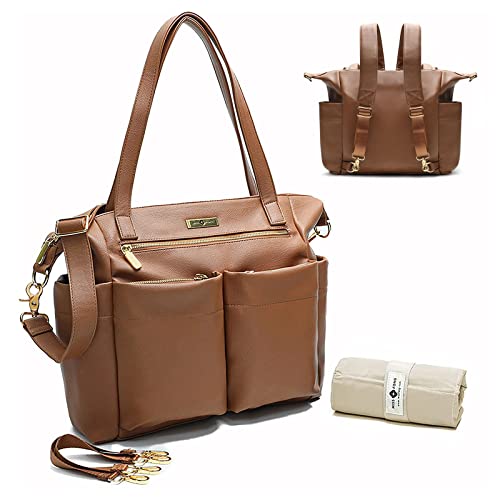 miss fong Diaper Bag Tote Leather Diaper Bag Backpack Large Tote Bag,Baby Diaper Bag for Women with 11 Pockets,Changing Pad, Stroller Straps,4 Insulated Pockets