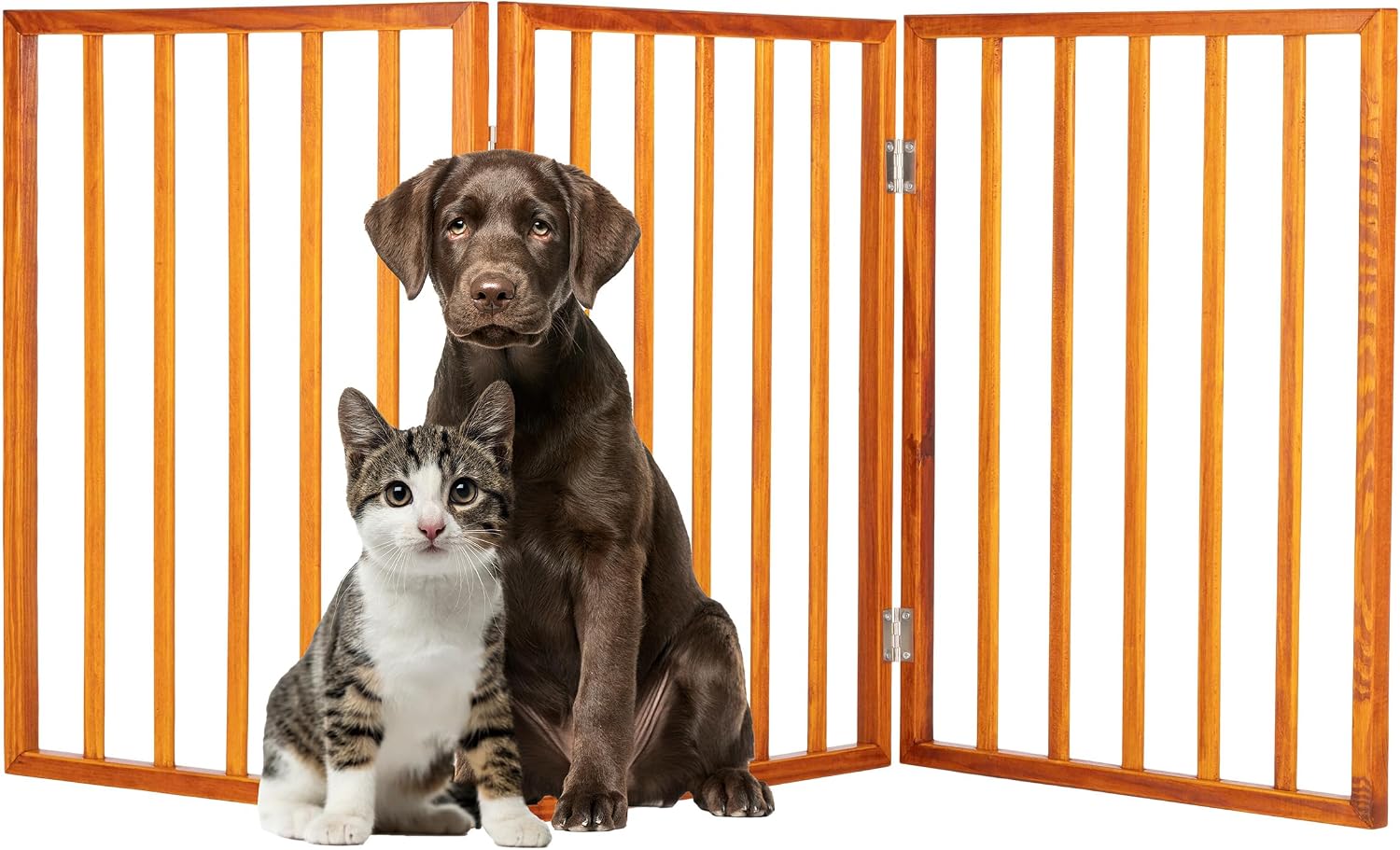 Pet Gate - 3-Panel Indoor Foldable Dog Fence for Stairs or Doorways - 54x24-Inch Retractable Wood Freestanding Dog Gates by PETMAKER (Mahogany)