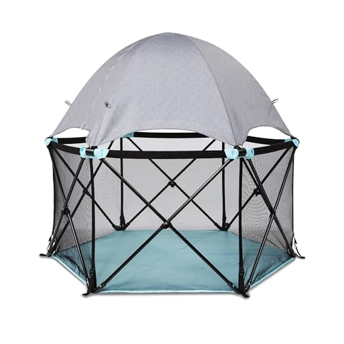 Summer Infant Pop N Play Deluxe Ultimate Playard, Aqua Splash - Full Coverage Indoor/Outdoor Portable Play Pen with Fast, Easy and Compact Fold