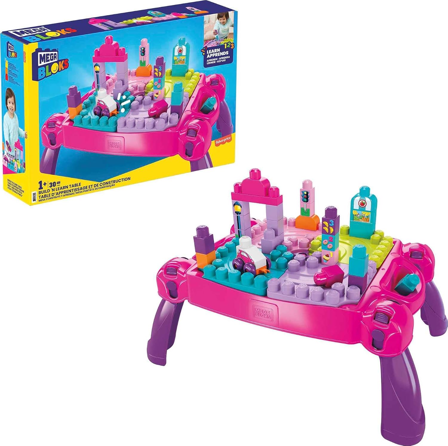 MEGA BLOKS First Builders Toddler Blocks Toy, Build n Learn Portable Activity Table with 30 Pieces and Built-In Storage, Pink, Kids Ages 1+ Years (Amazon Exclusive)