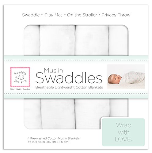 SwaddleDesigns Cotton Muslin Swaddle Blankets, Set of 4, Receiving Blankets for Baby Boys & Girls, Best Shower Gift, 46x46 inches, Pure White