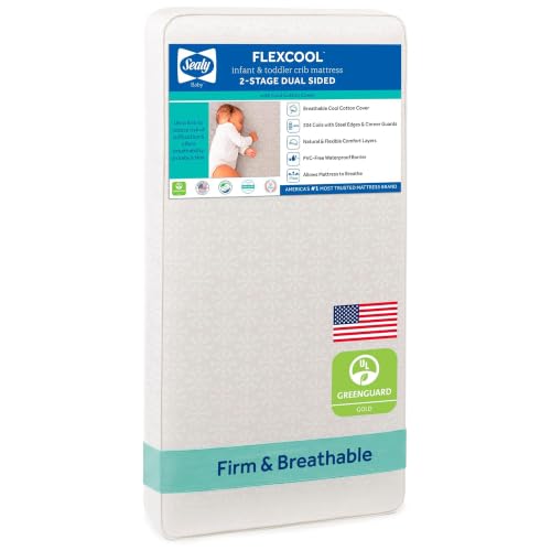 Sealy Baby Flex Cool 2 Stage Breathable Crib Mattress with Toddler Bed Fit, Waterproof & Airy Cotton Cover, 204 Premium Coils, GREENGUARD Gold Certified, Safety & Quality Tested, Made in USA, 52x28"