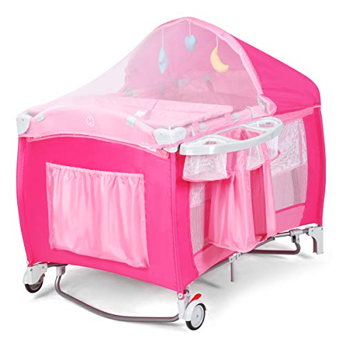 Costzon 4 in 1 Pink Pack and Play with Bassinet, Portable Baby Playard with Adjustable Canopy, Side Zipper Entrance, Music Box, Wheels/Brake, Foldable Infant Pink Bassinet for Baby Girl Toddlers