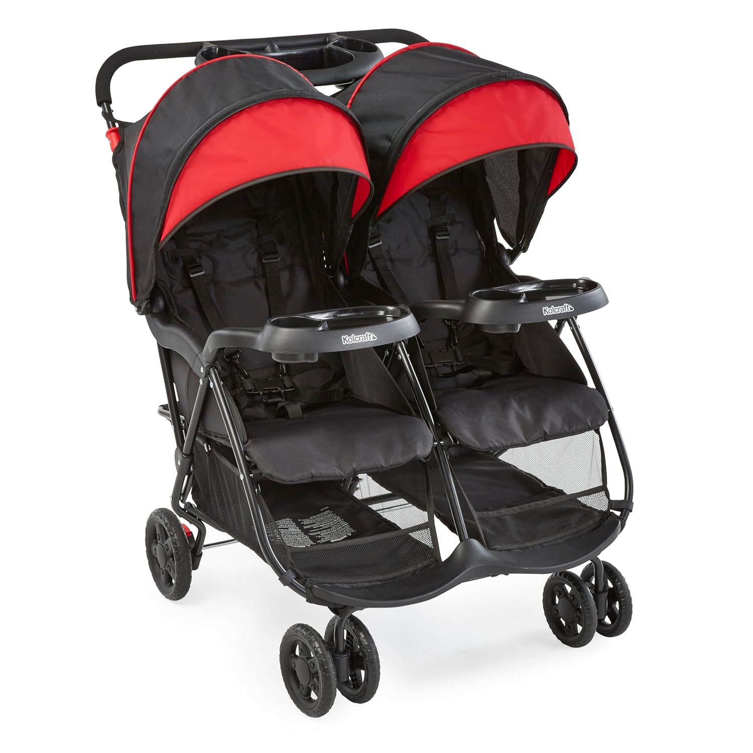 Kolcraft Cloud Plus Lightweight Double Stroller Side-by-Side for Infant Toddler, Compact Folding Travel System with Reclining Seats, Canopies, Storage Basket, Trays, Easy Maneuver  Red Black