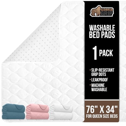 GORILLA GRIP Washable Underpads, 76x34 Waterproof Reusable Heavy Absorbency Incontinence Bed Pads, Leak Proof Toddler Mattress Pad, Slip Resistant Protector for Bedwetting, Adults and Kids, White
