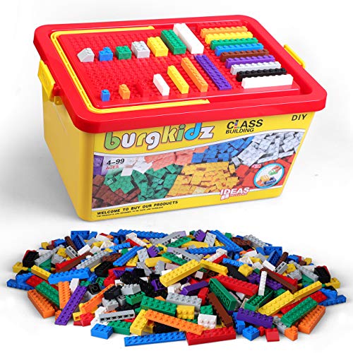 Building Bricks 1020 Pieces Set, 1000 Basic Building Blocks in 17 Fun Shapes Includes Wheels, Door, Window, Bulk Block with Storage Box, Handle and Base Plate, Compatible Block Construction Toys