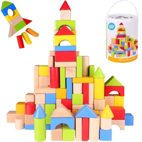 Pidoko Kids Building Blocks for Toddlers 1-3, 100 Pcs Wooden Blocks - Includes Storage Bucket and Shape Sorter Lid - Montessori Wood Block Gifts For Preschool Boys & Girls