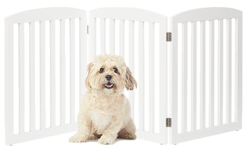 PAWLAND Wooden Freestanding Foldable Pet Gate for Dogs, 24 inch 3 Panels Step Over Fence, Dog Gate for The House, Doorway, Stairs, Extra Wide (White, 24" Height-3 Panels)