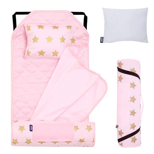Wildkin Modern Kids Nap Mat  Soft Cotton Blend with Pillow & Elastic Straps for School & Travel - Stars