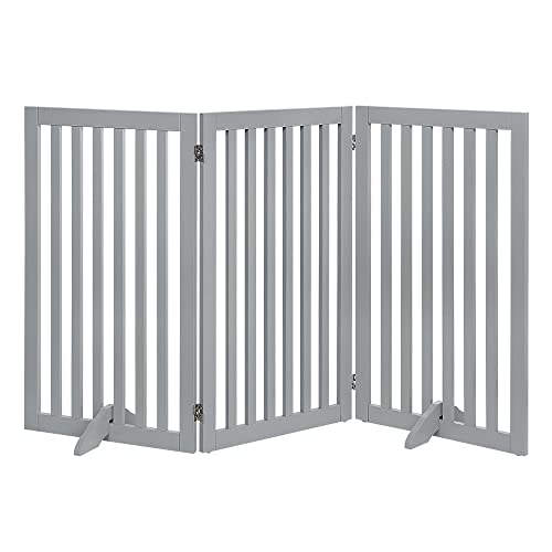 unipaws 36" H Free Standing Pet Gate for Dog Cat, Tall Wooden Dog Gates for Doorway, Stairs, Foldable Pet Fence for The House, Expandable Barrier, Indoor Use, Grey
