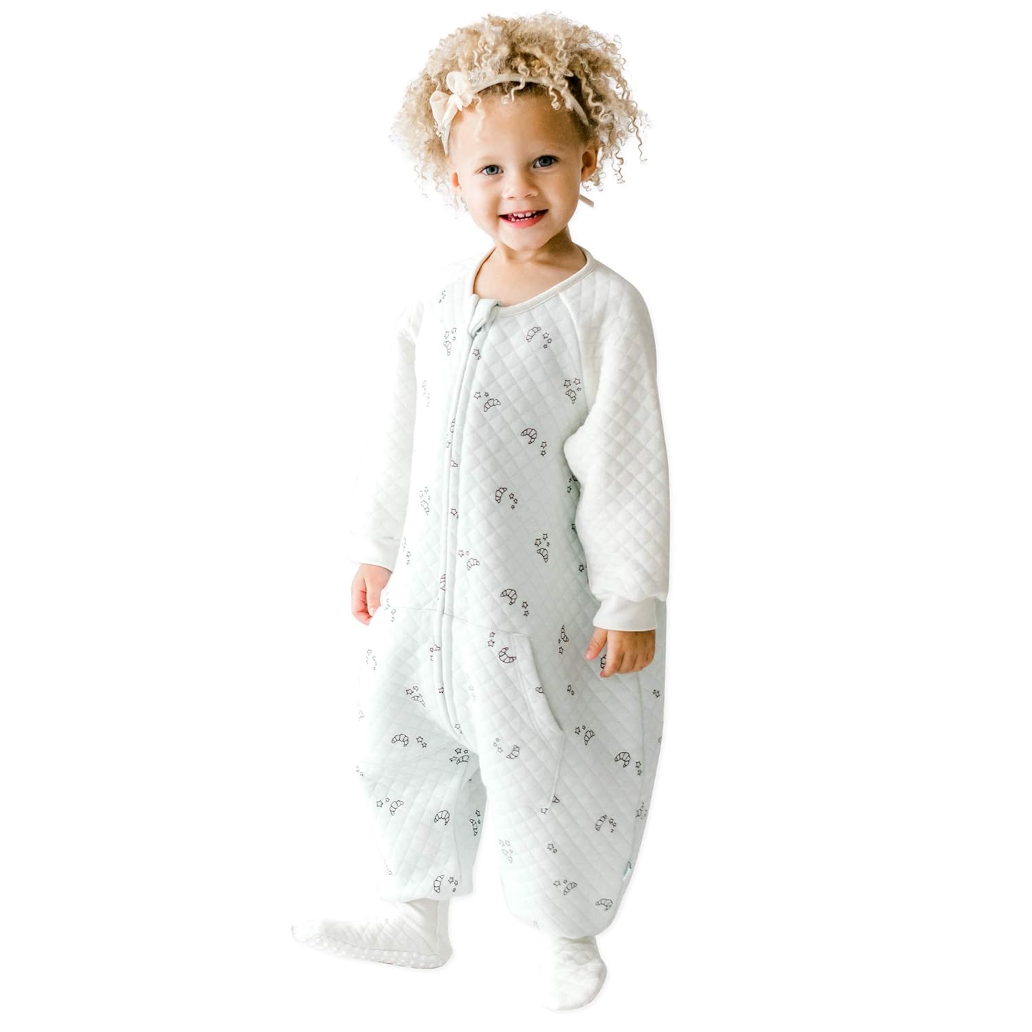 Tealbee Dreamsie: Toddler Sleep Sack with Long Sleeves and Footies 12m-2T - 0.8 TOG Lightweight Baby Wearable Blanket for Walkers - Rayon made from Bamboo, Organic Cotton Sleep Bag Feet - Croissant