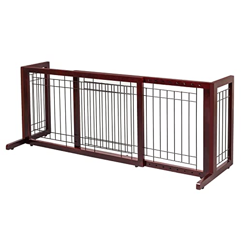 Bonnlo Free Standing Dog Gate, 37" - 68" Wide Pet Gate for Fireplace Stairs Doorways, Wooden Adjustable Pet Fence Indoor, Christmas Tree Gate (Cherry)