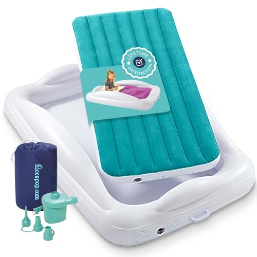 hiccapop Inflatable Toddler Travel Bed with Safety Bumpers [4-Sided] | Portable Toddler Bed for Kids | Toddler Air Mattress | Kids Air Mattress - Teal Blue