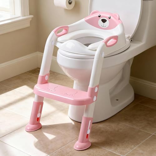Potty Training Seat with Step Stool Ladder, SKYROKU Potty Training Toilet for Kids Boys Girls Toddlers - Comfortable Safe Potty Seat with Anti-Slip Pads Ladder Pink