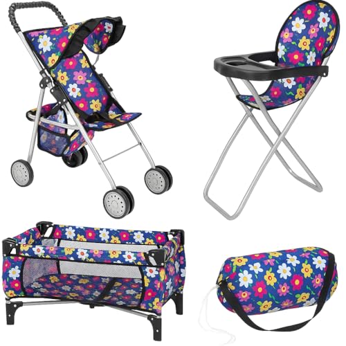 fash n kolor Doll 3 Piece Play Set Baby Doll Accessories - Includes, 1 Pack N Play. 2 Doll Stroller. 3 Doll High Chair. Fits Up to 18'' Doll (Flower)