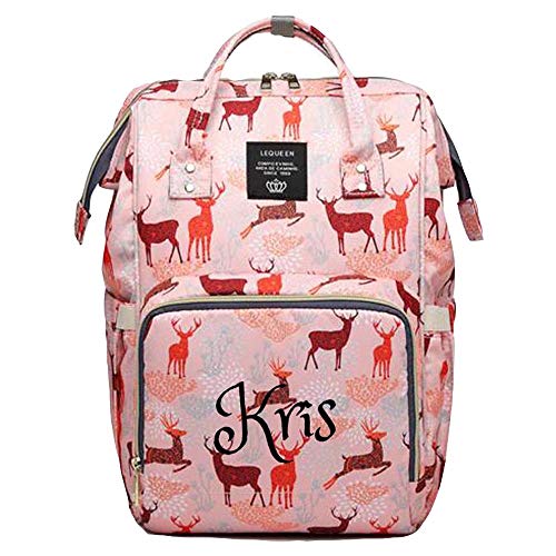 Personalized Large Diaper Bag Knapsack/Tote Bag/Backpack -Custom Monogram Embroidered for Infant/Baby Bag (Pink Deer 2)