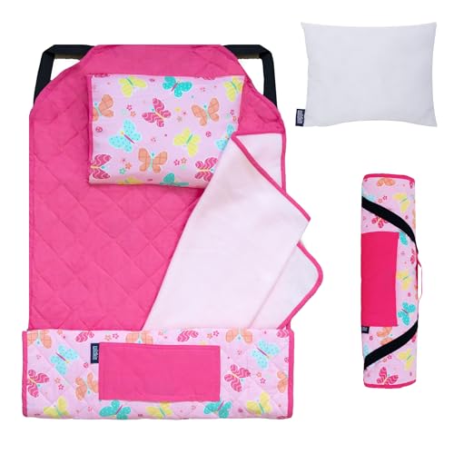 Wildkin Modern Kids Nap Mat  Soft Cotton Blend with Pillow & Elastic Straps for School & Travel - Butterfly Garden