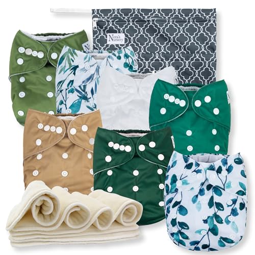 Nora's Nursery Morning Dew Cloth Diapers 7 Pack with 7 Inserts & 1 Wet Bag - Waterproof Cover, Washable, Reusable & One Size Adjustable Pocket Diapers for Newborns and Toddlers - Sage and Sea