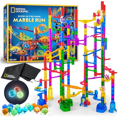NATIONAL GEOGRAPHIC Glowing Marble Run  250 Piece Construction Set with 50 Glow in The Dark Glass Marbles & Storage Bag, STEM Gifts for Boys and Girls, Building Project Toy (Amazon Exclusive)