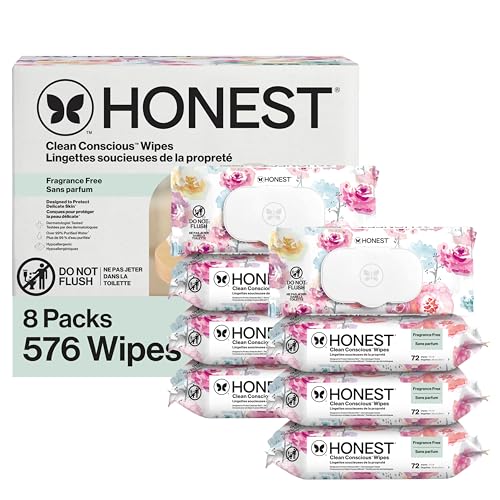 The Honest Company Clean Conscious Multi-Use Wipes Unscented Hypoallergenic Baby for Sensitive Skin 99% Water Plant-Based Compostable Rose Blossom 576 Count