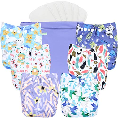 wegreeco Cloth Diapers 6 Pack with 6 Inserts & 1 Wet Bag, Washable Cloth Diapers for Babies, One Size Adjustable Reusable (Leaves, Animals)