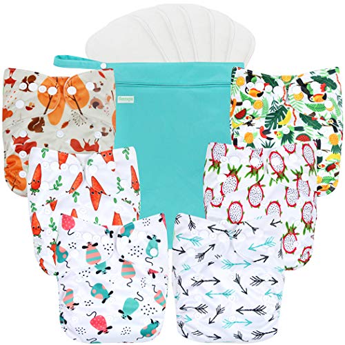 wegreeco Cloth Diapers 6 Pack with 6 Inserts & 1 Wet Bag, Washable Cloth Diapers for Babies, One Size Adjustable Reusable (Fruits, Animals)
