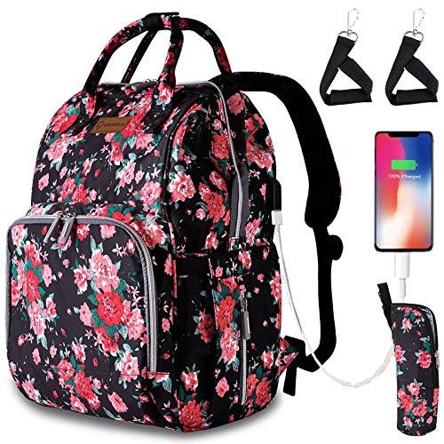 Floral Diaper Bag Backpack with USB Charging Port Stroller Straps and Insulated Pocket, Travel Bag Nappy Backpack For Women/Mum (Red Flower Pattern)