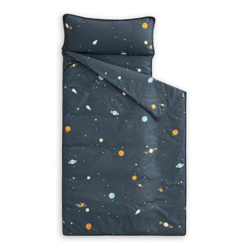 Wake In Cloud - Toddler Nap Mat with Pillow and Blanket, 100% Cotton Fabric, for Kids Boys Girls Ages 3 Plus in Daycare Kindergarten Preschool, Roll Up Sleeping Bag, Gray Spaces, Standard