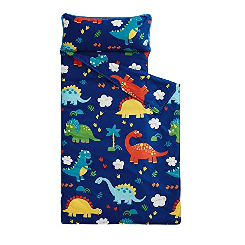 Wake In Cloud - Toddler Nap Mat with Pillow and Blanket, 100% Cotton Fabric, for Kids Boys Girls Ages 3 Plus in Daycare Kindergarten Preschool, Roll Up Sleeping Bag, Dinosaur Navy, Standard