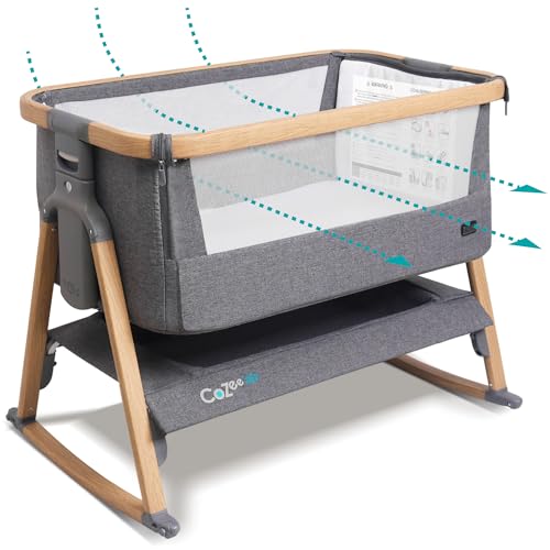 CoZee Air Baby Bassinet & Bedside Sleeper - Rocking Bassinet for Baby, Fast-Folding with Travel Bag, Deluxe Airflow Mattress & 6 Mattress Heights, 0-6 Months (Oak & Charcoal)