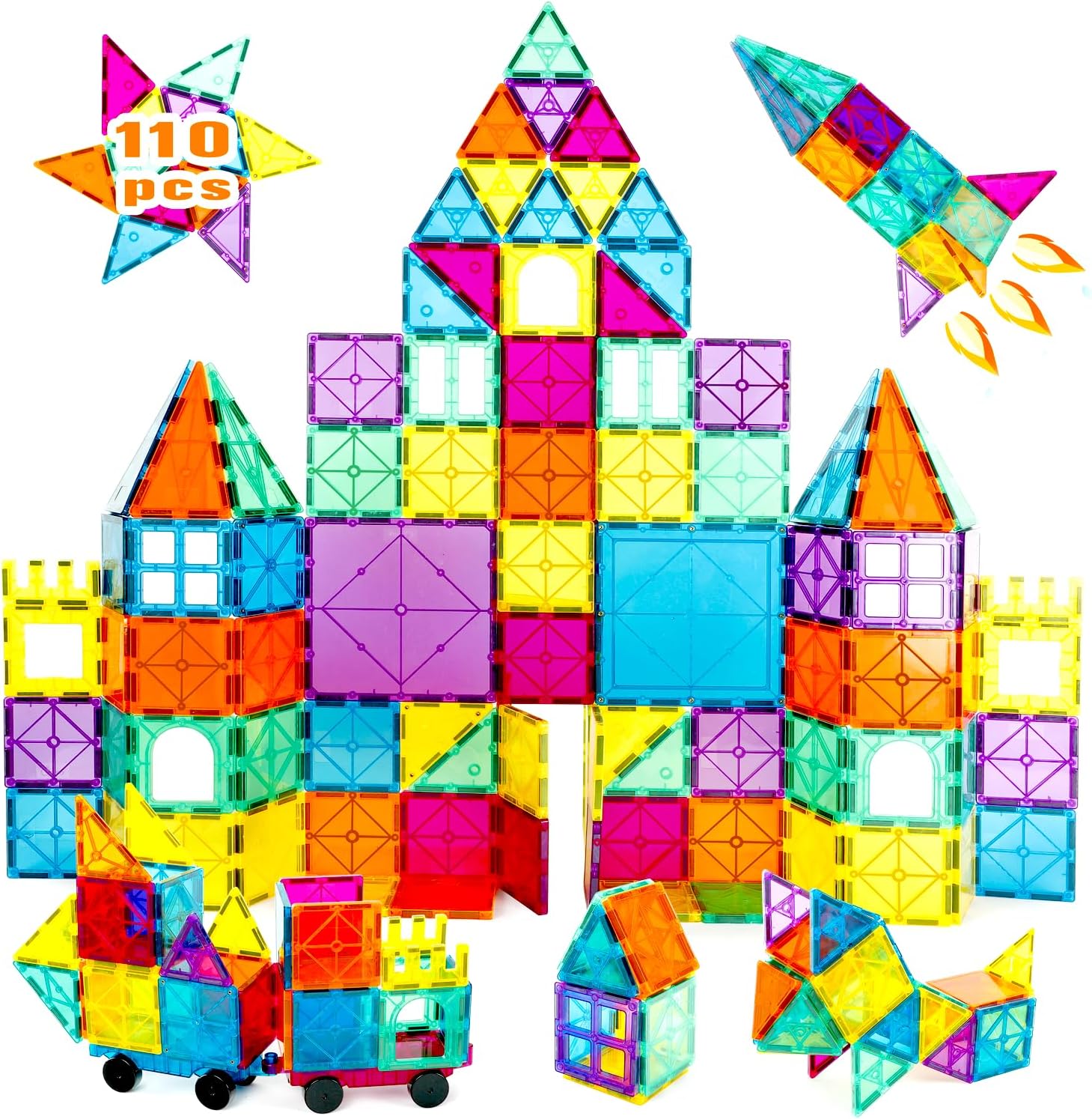 110PCS Magnetic Tiles with 2 Cars