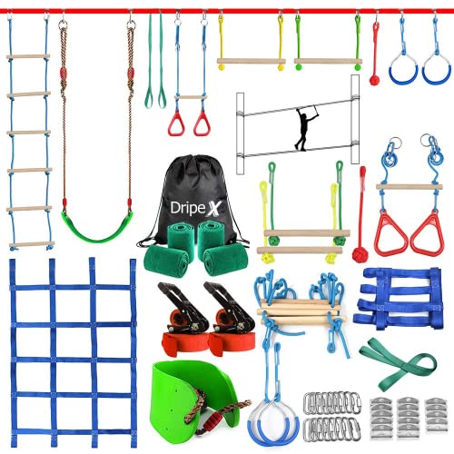 Ninja Warrior Obstacle Course for Kids Backyard - 250ft Slackline Kit with 10 Most Complete Accessories for Boys & Girls, Swing, Rope Ladder, Gymnastic Ring, Climbing Net, Arm Trainer and Monkey Fist