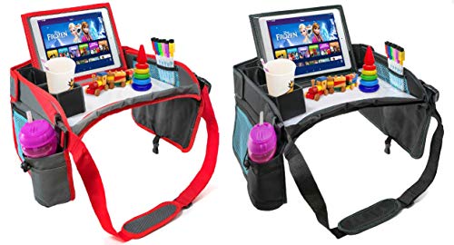 2 PK - Kids Car Seat Activity Tray | Inspire Active Toddlers & Big Kids for Years! Dry-Erase White Board & Eating Snack Travel Tray with No-Drop Tablet iPad Holder Stand & Art Supplies Storage Pocket