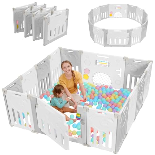 Baby Playpen, Dripex Baby Playard for Babies and Toddlers, 14-Panel Foldable Playpen Adjustable Portable Play Area, Indoor/Outdoor Kids Active Center with Game Panel & Safety Gate, Grey White