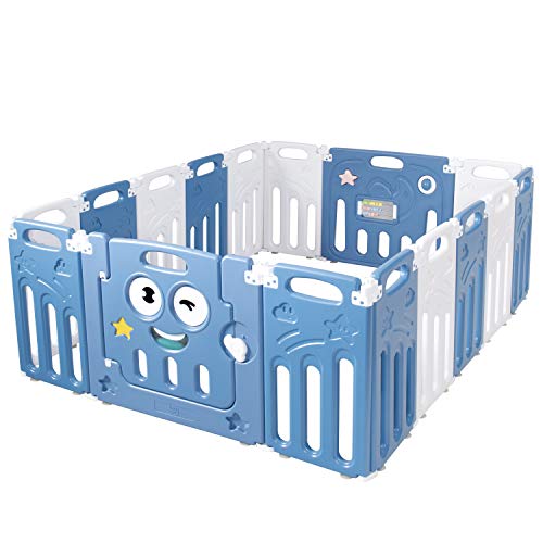 Costzon Foldable Playpen, 16-Panel Play Yard With Lock Door & Anti-Slip Rubber Bases, Indoor Outdoor Safety Fence, Adjustable Shape for Children Toddlers (16 Panel, Blue + White)