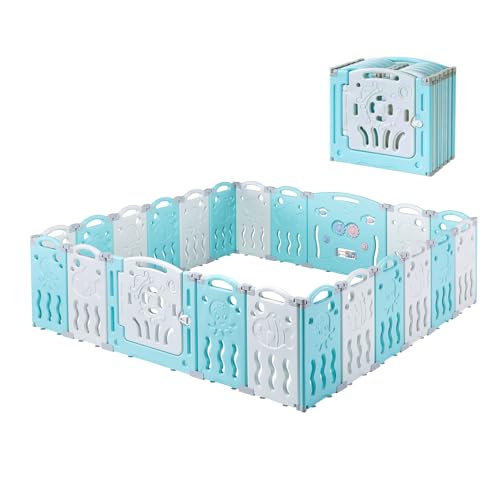 Albott 22 Panels Kids Safety Play Center Yard Baby Playpen Kids Activity Centre Indoor or Outdoor, Portable Play Yard with Gate for Babies, Infant, Toddlers Blue (20 Panels+1 Gate+ 1 Game Board)