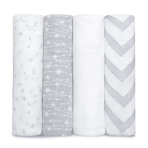 Comfy Cubs Muslin Swaddle Blankets Pack of 4, 47 x 47 Inches, Soft Cotton Baby Blanket Set, Large Multipurpose Swaddling Wraps for Newborns - Self-Soothing Swaddle - Grey