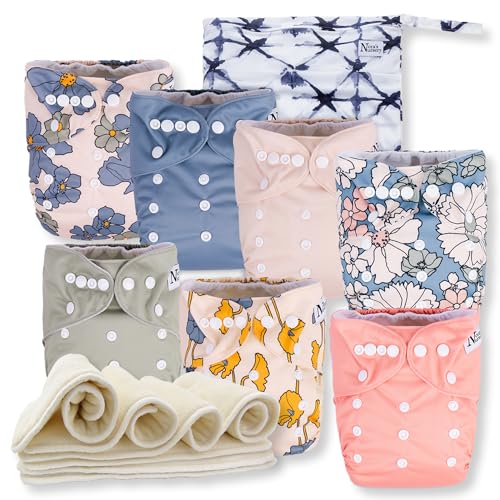 Nora's Nursery Cloth Diapers 7 Pack with 7 Inserts & 1 Wet Bag - Waterproof Cover, Washable, Reusable & One Size Adjustable Pocket Diapers for Newborns and Toddlers - Delilah