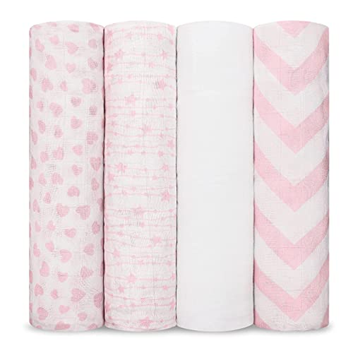 Comfy Cubs Muslin Swaddle Blankets Pack of 4, 47 x 47 Inches, Soft Cotton Baby Blanket Set, Large Multipurpose Swaddling Wraps for Newborns - Self-Soothing Swaddle - Pink