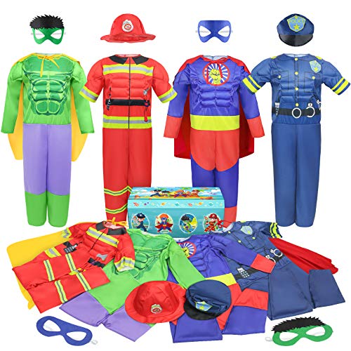 Boys Muscle Chest Dress up Costumes Trunk with Superhero, Policeman, Fireman Costume, Kids Pretend Role Play Costumes Set, Boys Dress up Clothes for Kids Ages 3 4 5 6 7