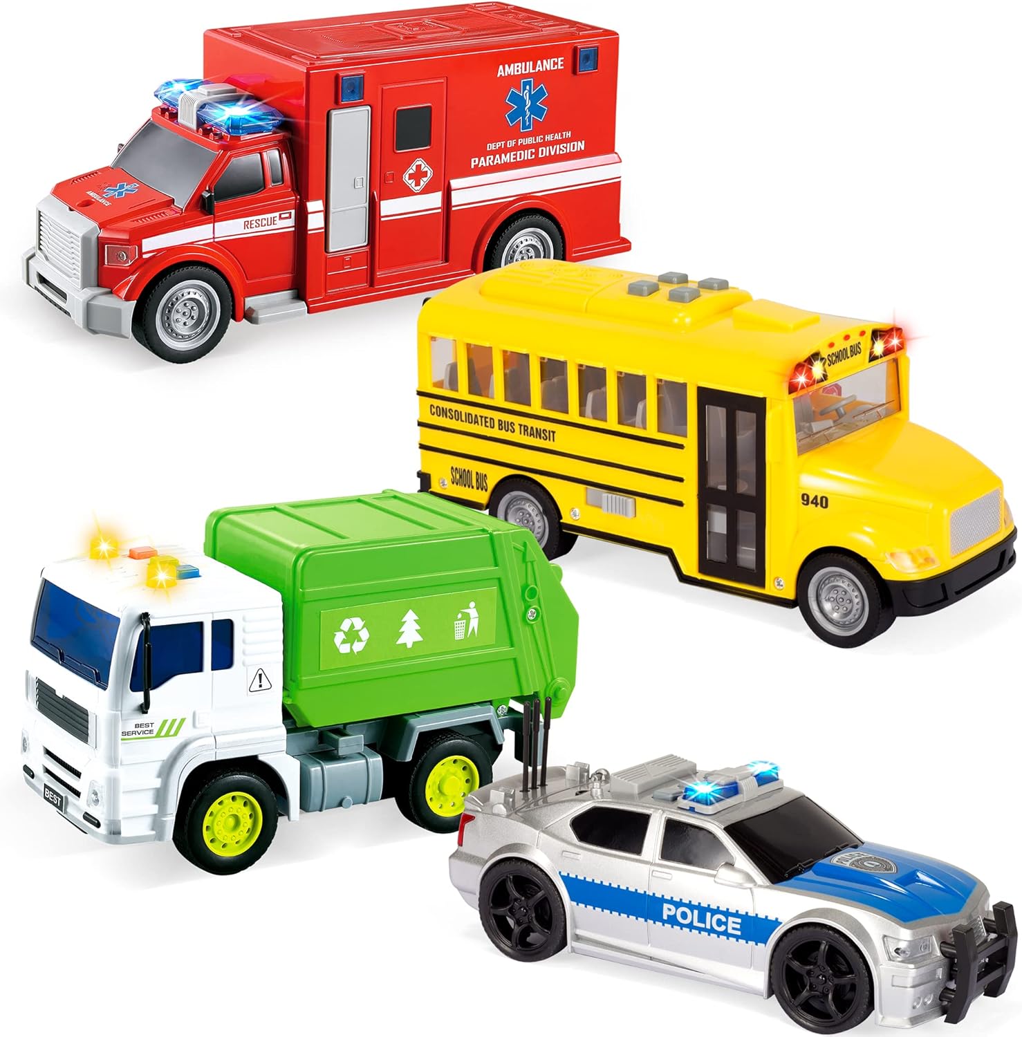 JOYIN 4 Pcs 7" Long Vehicle Toy Set, Toddlers Cars with Lights and Siren Sound, Including Play Police Car, School Bus, Garbage Truck, Ambulance, Birthday Christmas Party Gifts Toys for Boys 3-5